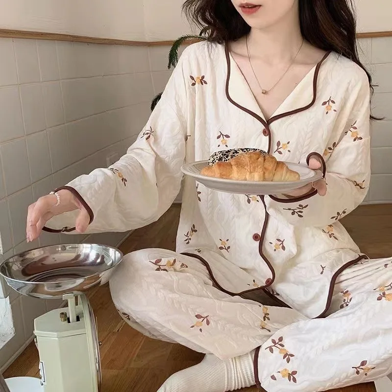 Women's Floral Cardigan Pajama Set, Autumn and Winter Long Sleeved Top, Long Pants, Loose and Soft Casual Home Two-piece Set