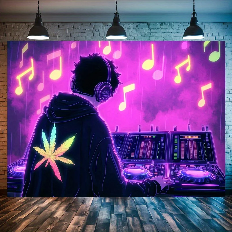 Neon DJ Tapestry, Music Notes Wall Hanging, Purple Gamer Room Decor, Cool Headphones Art Dorm Blanket for Boys Teens