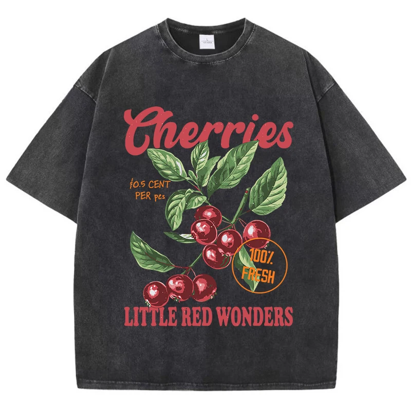 Cherries Red Wonders Printing Men Washed T-Shirt Summer Cool T Shirts Distressed Hip Hop Clothes Breathable Soft Cotton T-Shirt