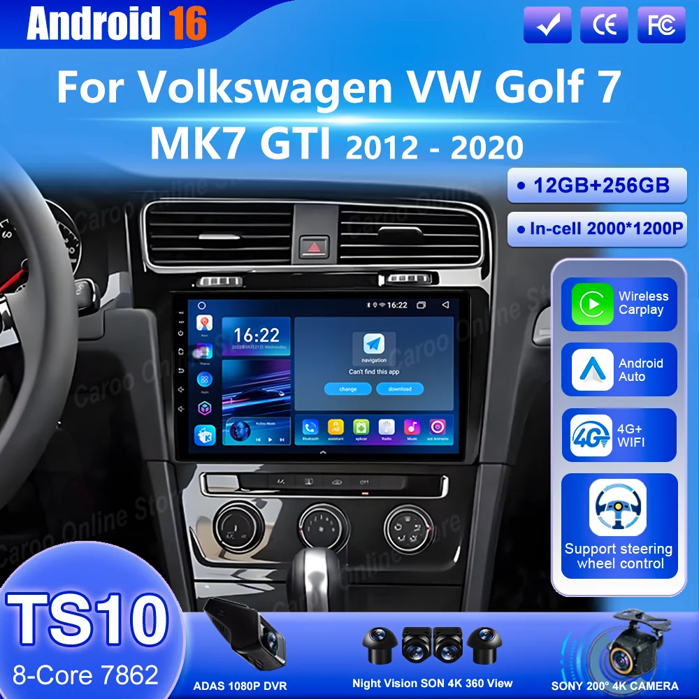 Android 16 For Volkswagen VW Golf 7 MK7 GTI 2012 2013 -2020 Auto Carplay Car DVD Radio Stereo Navigation GPS Multimedia Player