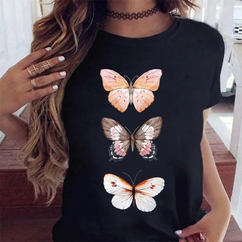 Woman Butterfly Tree Print Harajuku Summer Tshirts Casual Round Neck Short Slee Top Tee Shirt Women Black T-shirt Drop Ship