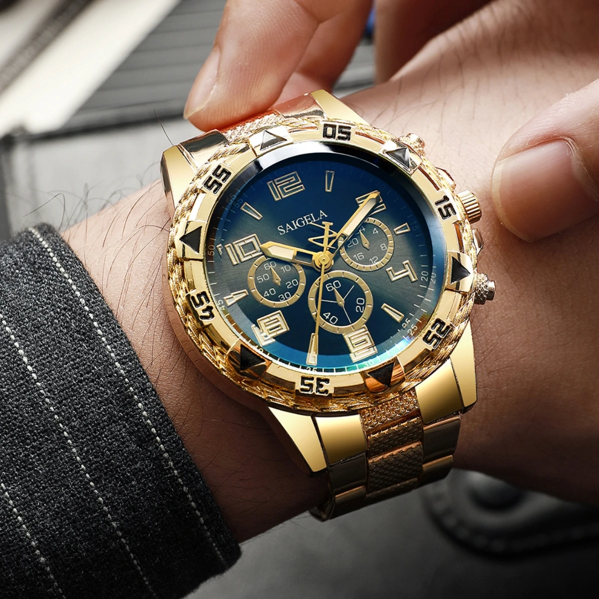 2PCS Men Business Watches Fashion Arabic Dial Steel Band Male\'s Quartz Watch Set (Without Box)