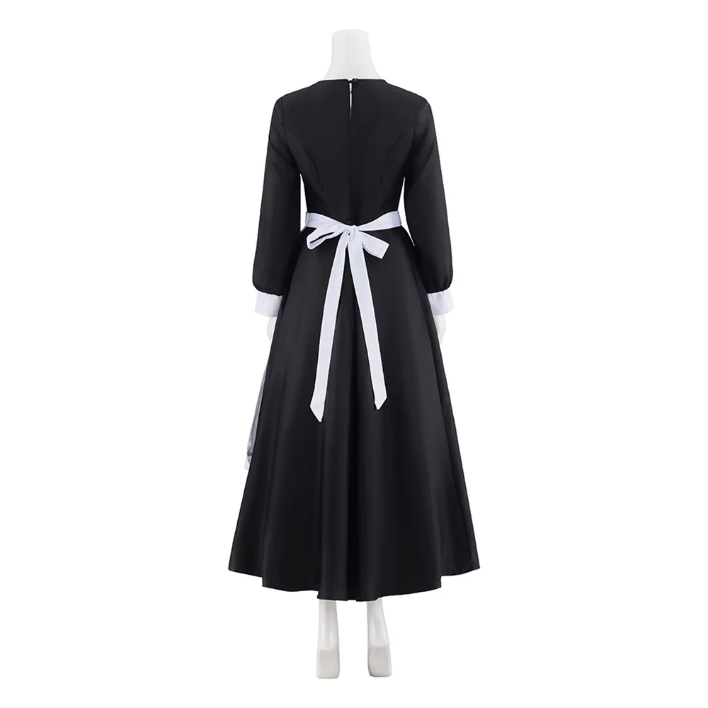 Gaun Seragam Kostum Cosplay Abad Pertengahan Hitam Putih Pembantu Kolonial dengan Topi Gaun Mewah Pembantu Panggung Halloween Pertunjukan