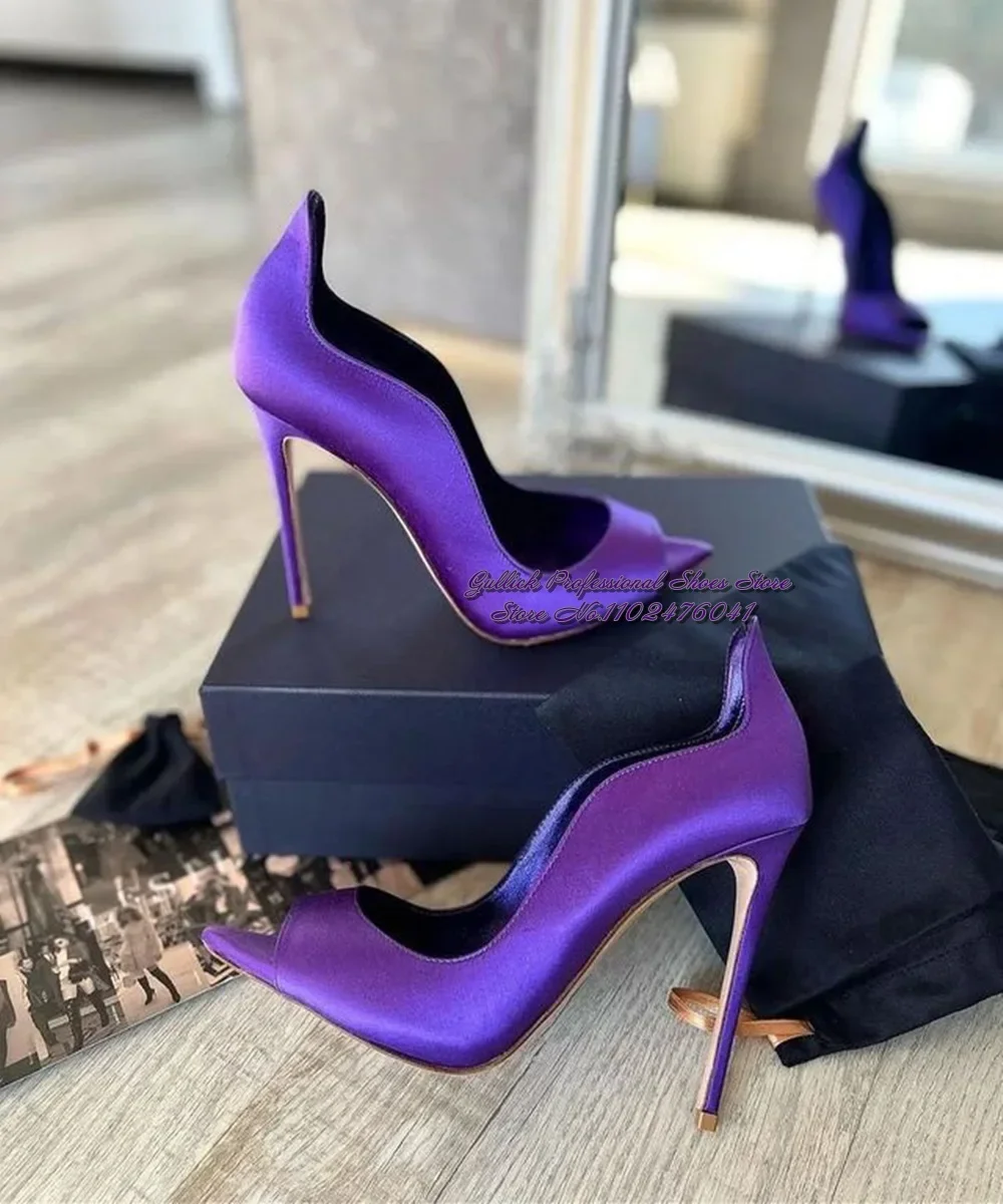 Women Purple Satin Cloth Pointed Toe Open Toe Dress Shoes 12cm 10cm 8cm Shallow Cut Slip-On Evening Party Pumps Size45 Sky Heels