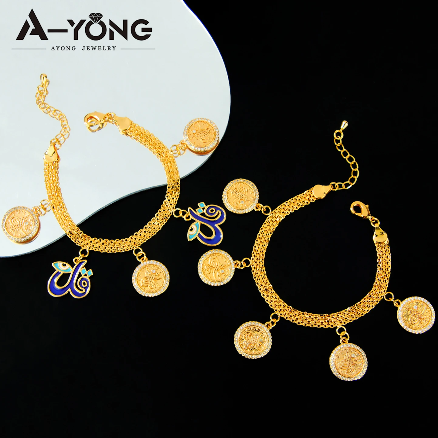 

Dubai Fashion Charm Bracelet 21k Gold Plated Arabic Muslim Vintage Pendant Bangles Italian Women Event Party Jewelry