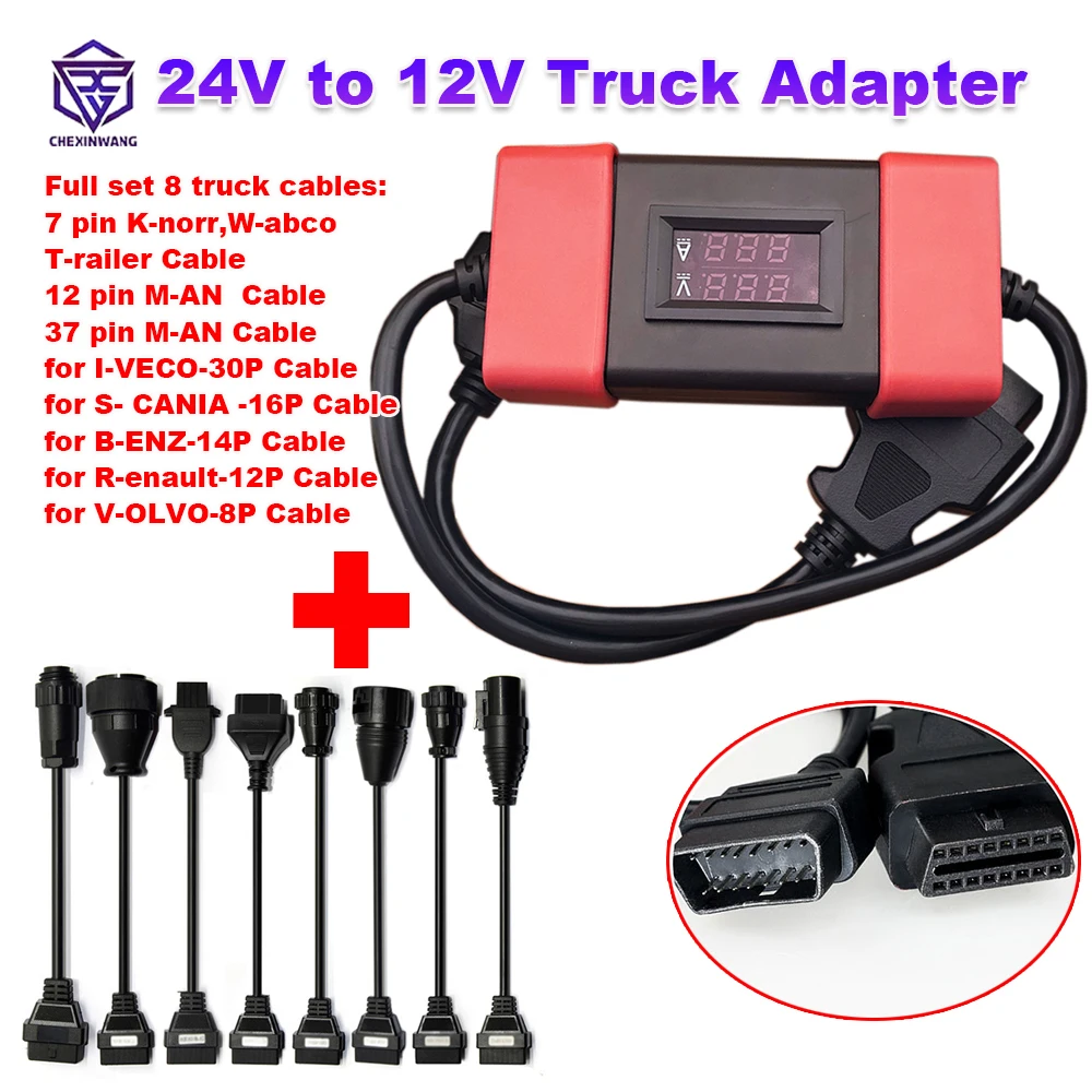 

24V to 12V Truck Adapter Heavy Duty Truck Diesel Connector with 8 Truck Cable For Easydiag Golo 3 X431 Thinkdiag OBD2 Scanner