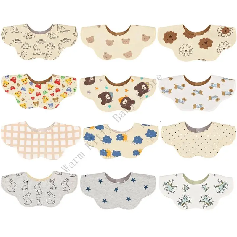 1pc Double-sided Cartoon Baby Bib Cotton Print and Solid Color Side Newborn Feeding Burp Cloths 360 Rotatable Baby Drooling Bib