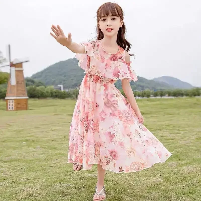 Bohemian Summer Girls Dress Kids Girl Beach Dresses Chiffon Kids Dresses Floral Teenage Girls Summer Clothes 6 8 10 12 14 Year