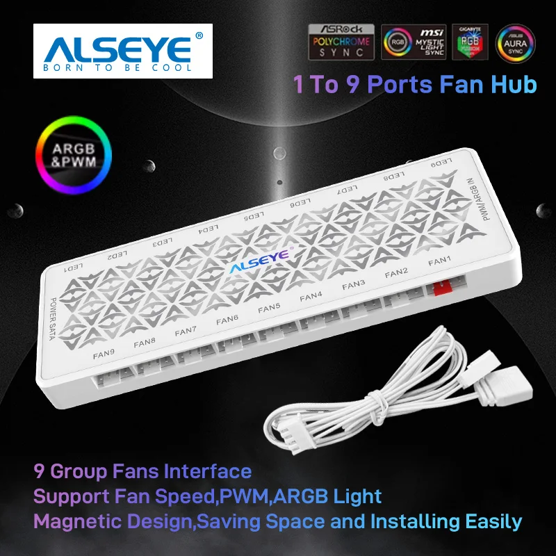 ALSEYE 5V 3pin Fan Hub ARGB PWM 4pin 1 To 9 Ports Splitter SATA Power Magnetic Suction ARGB Fan Controller for PC Case 