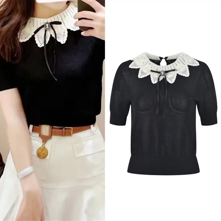 

Ele Bla Hollow out ort Sve Knitwear Sweet Lace Collar Knot Pure Color Slim Fit Women's Faion Top