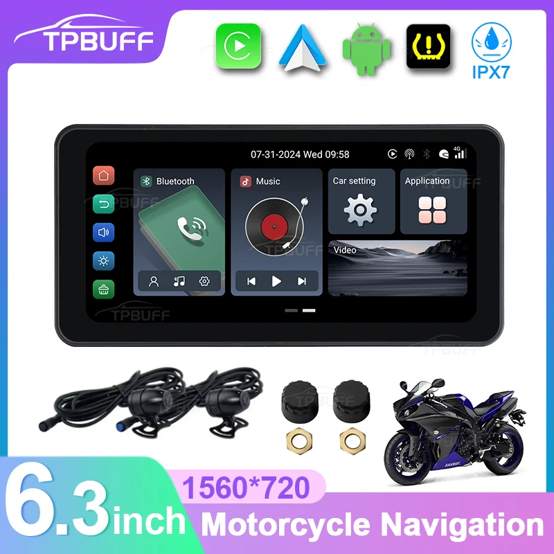 6.3inch Motorcycles Navigation Screen Wireless CarPlay Android Auto Android 12 Smart Playe IP67 Waterproof Moto DVR Monitor