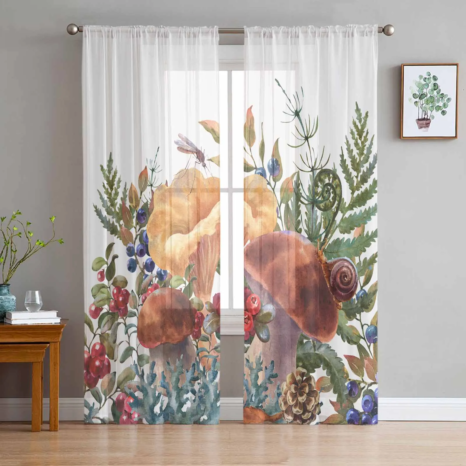 

Retro Mushroom Fern Plant Fruit Pine Cone Autumn Sheer Curtains for Living Room Modern Decor Tulle Curtain Bedroom Voile Drapes