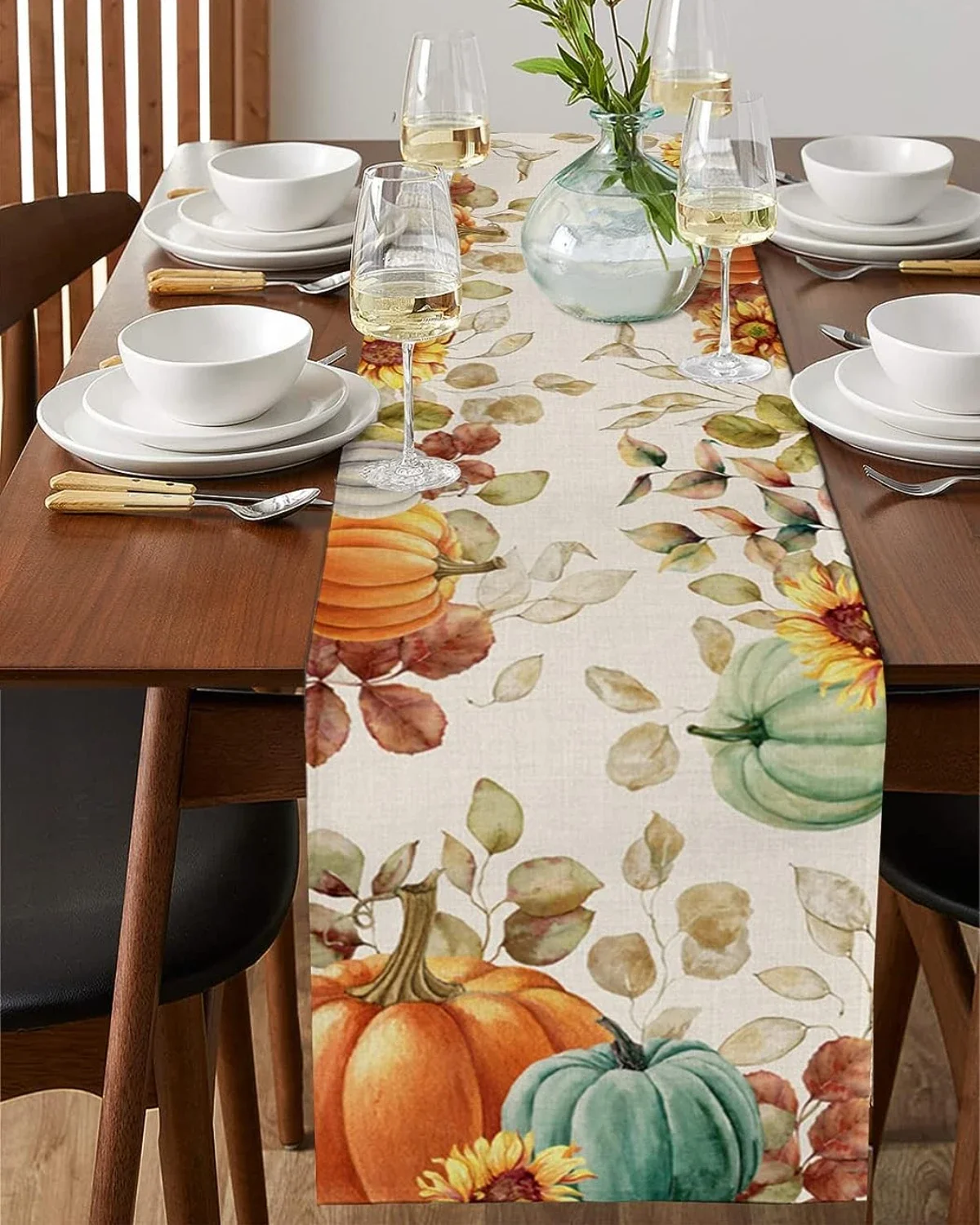 Fall Thanksgiving Eucalyptus Leaves Pumpkins Linen Table Runners Dresser Scarves Decor Kitchen Dining Table Runner Holiday Decor