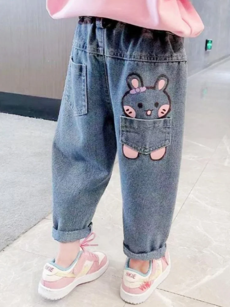 Mädchen-Jeans mit elastischer Taille, modische Denim-Hose mit Hasen-Print, Frühlings- und Herbsthose, lässige Kleidung für Mädchen von 2-10 Jahren – Detail 4