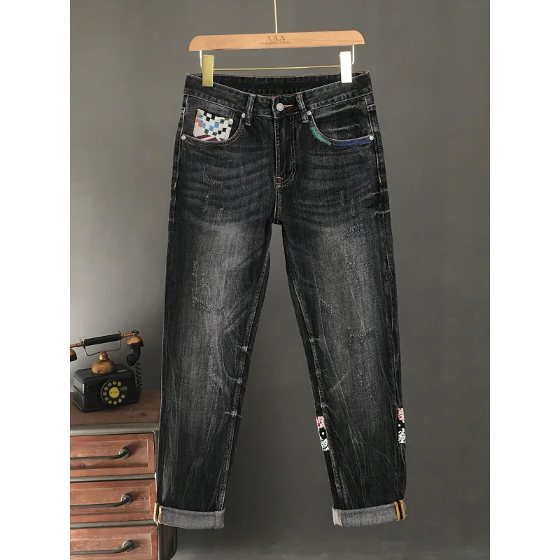 

High end black gray jeans for men in autumn 2025, trendy embroidery print, slim fit, small straight tube, retro scraped pants