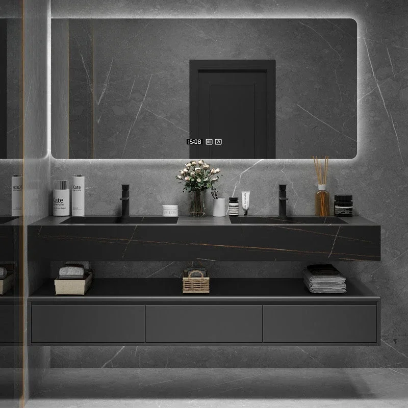 

Premium Modern Hotel American Floating Bathroom Vanity Cabinet With Led Mirror And Double Sink