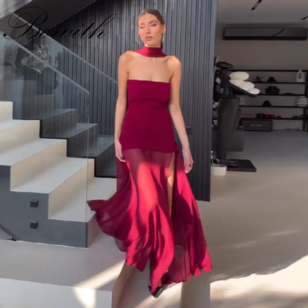 

Bowith Formal Evening Dresses Red Side Split Women Strapless Elegant Floor Length Prom Gowns Evening Party Wedding Guest Dress