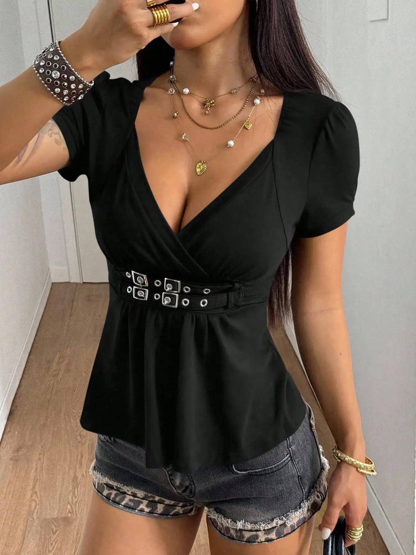 

Women's Black V-Neck Short Sleeve Top with Belted Waist and Flare Hem