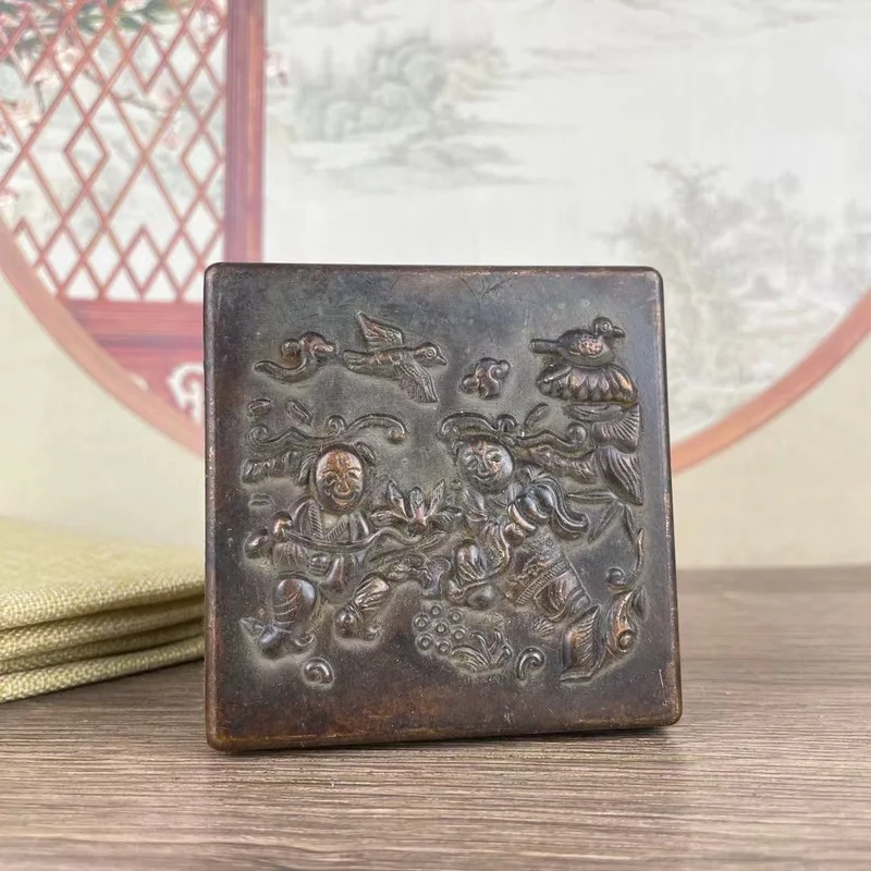 Antique-style copper ink box with lid, square ink container, new home and office decor, calligraphy supplies, inkstone ornament