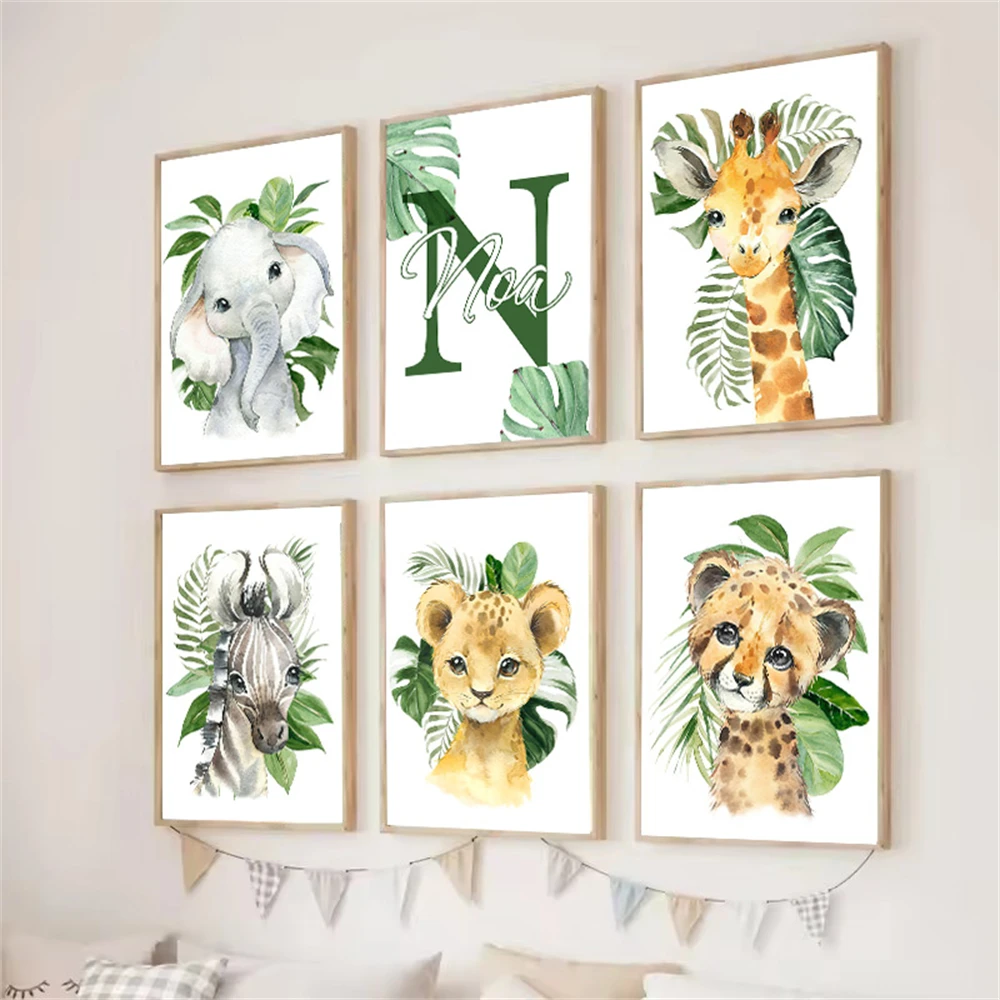 

Jungle Animal Lion Elephant Giraffe Zebra Wall Art Canvas Painting Print Baby Custom Name Posters Wall Pictures Kids Room Decor