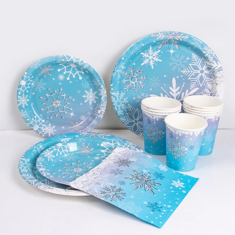 Frozen Snowflake Disposable Tableware Set Snow Theme Party Decoration Paper Plate Napkin Tablecloth Kids Birthday Party Supplies