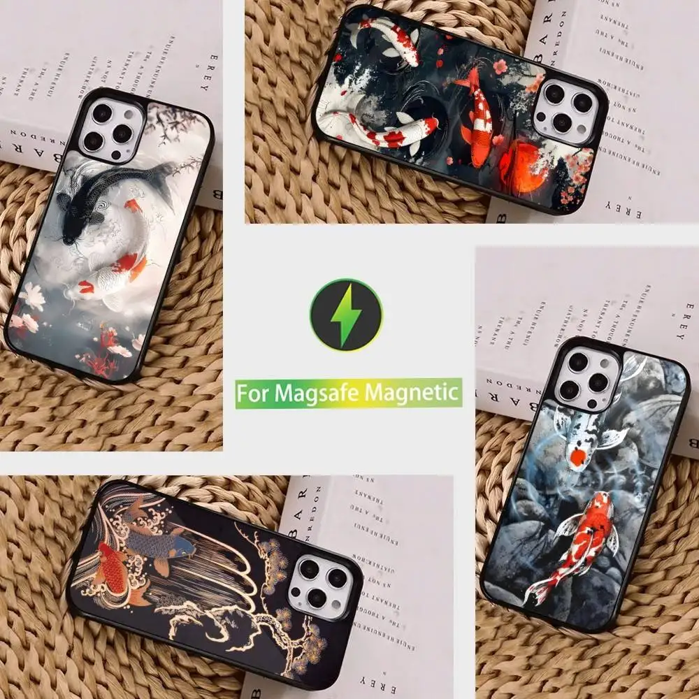 

Painting Koi Carp Art Case For iPhone 16,15,14,17,13,12,11,Pro,Max,Plus,Mini, Magsafe,Magnetic Wireless Charging Case