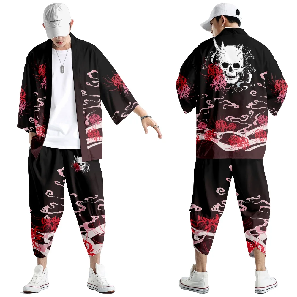 Large Size 5XL 6XL Japanese Kimono Cardigan Pants Set Print Hannya Men Women Shirt Tradition Yukata Haori Obi Cosplay Costume