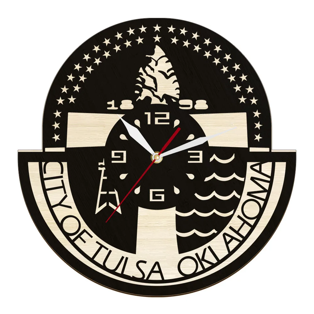 City Of Tulsa Oklahoma Wood Carved Wall Clock Home Decor For Living Room United States Skyline Oil Capital Of Europe Wall Watch