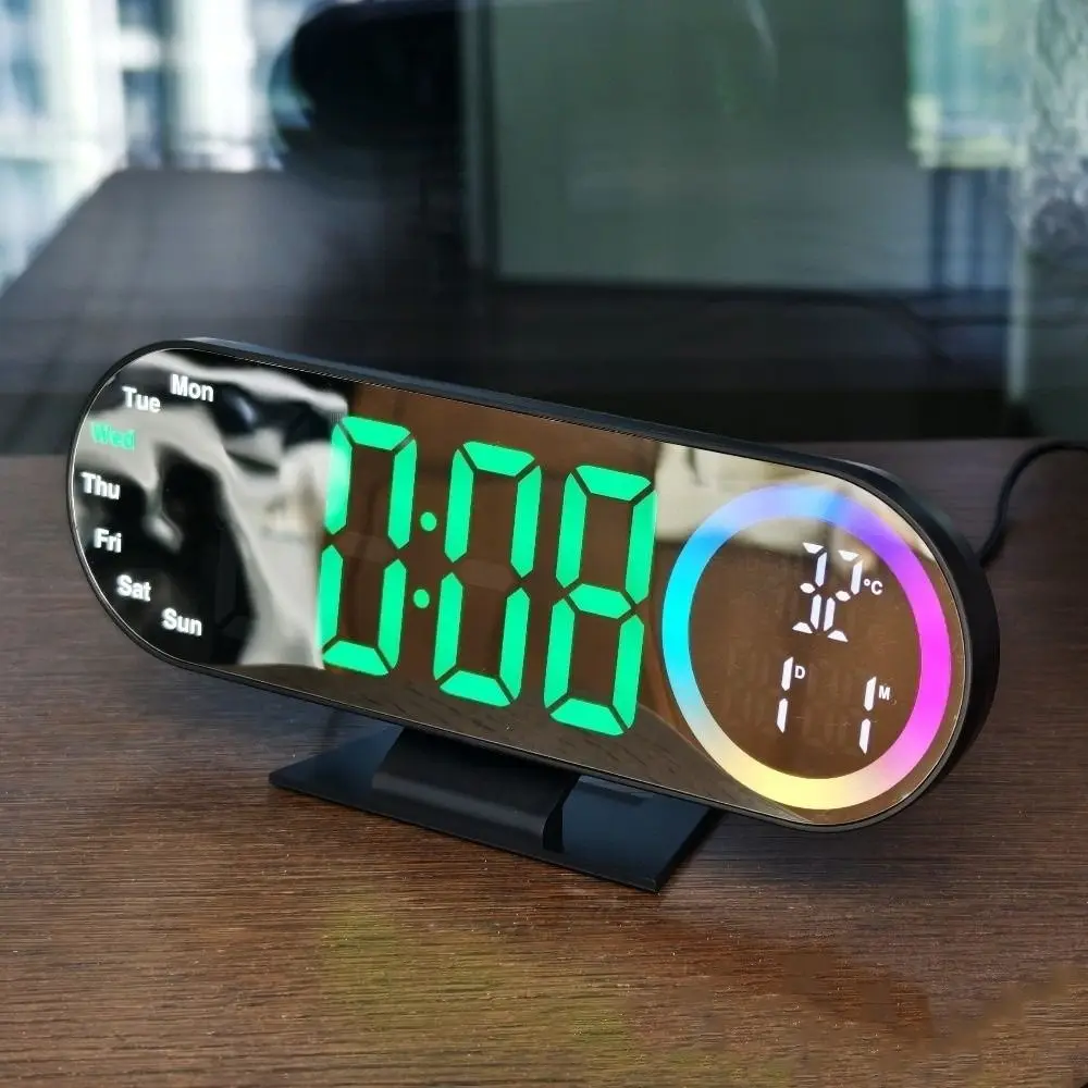 

Brightness Adjustment Digital Alarm Clock Voice Control 12/24H Format LED Electronic Clock Temperature Display