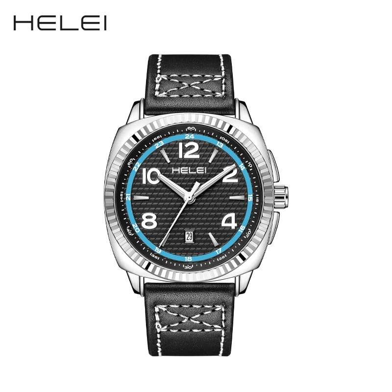 HELEI Fashion new sports casual quartz watch date luminous genuine leather strap men's wristwatch