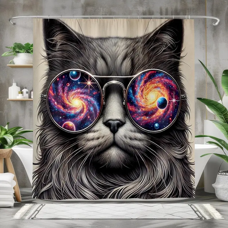 

Cat Shower Curtain, Cat with Galaxy Glasses , Waterproof Fabric Bath Curtain, Cosmic Bathroom Decor, Space Cat with Sunglasses