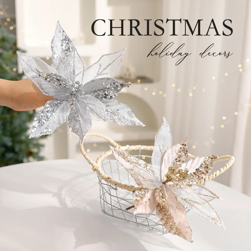 Sequins Artificial Imitation Christmas Flower Mesh Gauze Art Tabletop Decorative Ornaments High-grade Velvet Xmas Tree Decor