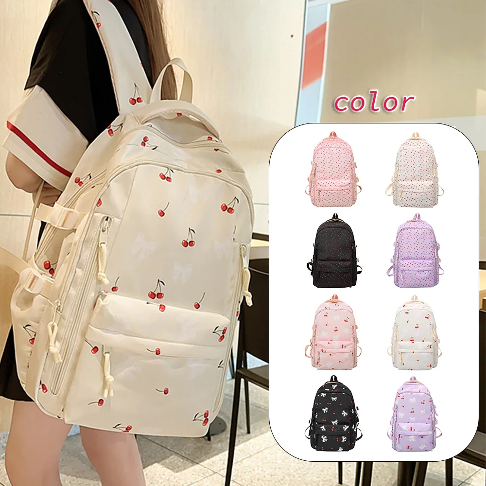 

Cute Cherry & Bow Print Nylon Backpack, Large Multi-Pocket Daypack, Lightweight Water-Resistant Bag for School & Daily Use
