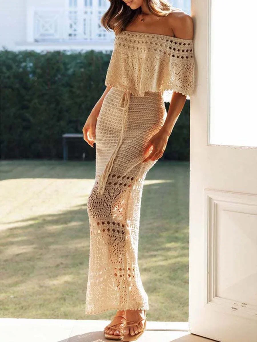 Vintage Women Embroidered Knit Dress Off Shoulder Sleeveless Bodycon Tube Long Dresses Casual Hollow Tie Up Vestidos