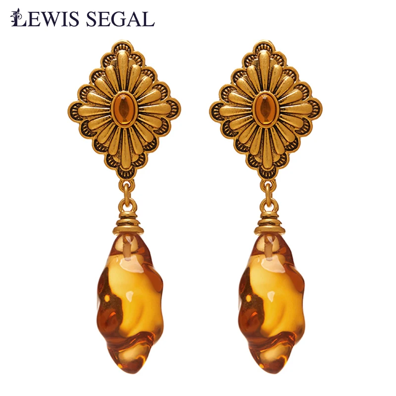 

LEWIS SEGAL Vintage Drop Resin Dangle Earrings for Women Independent Girl Luxury Medieval Style Fine Jewelry 18K Gold Plated