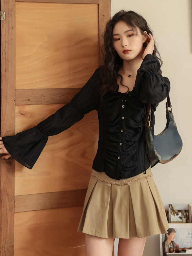 Y2k Aesthetic Pleated Black Women Blouse Flare Sleeve Slim Grunge Waist Tunic Fairy Blusas Solid Drawstring Streetwear Shirts