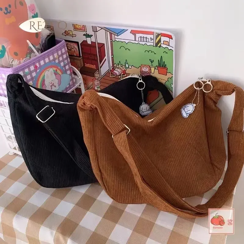 Women Canvas Shoulder Bags Korean Fashion Female Messenger Crossbody Bag for Girl Students Corduroy Solid Cloth Handbags