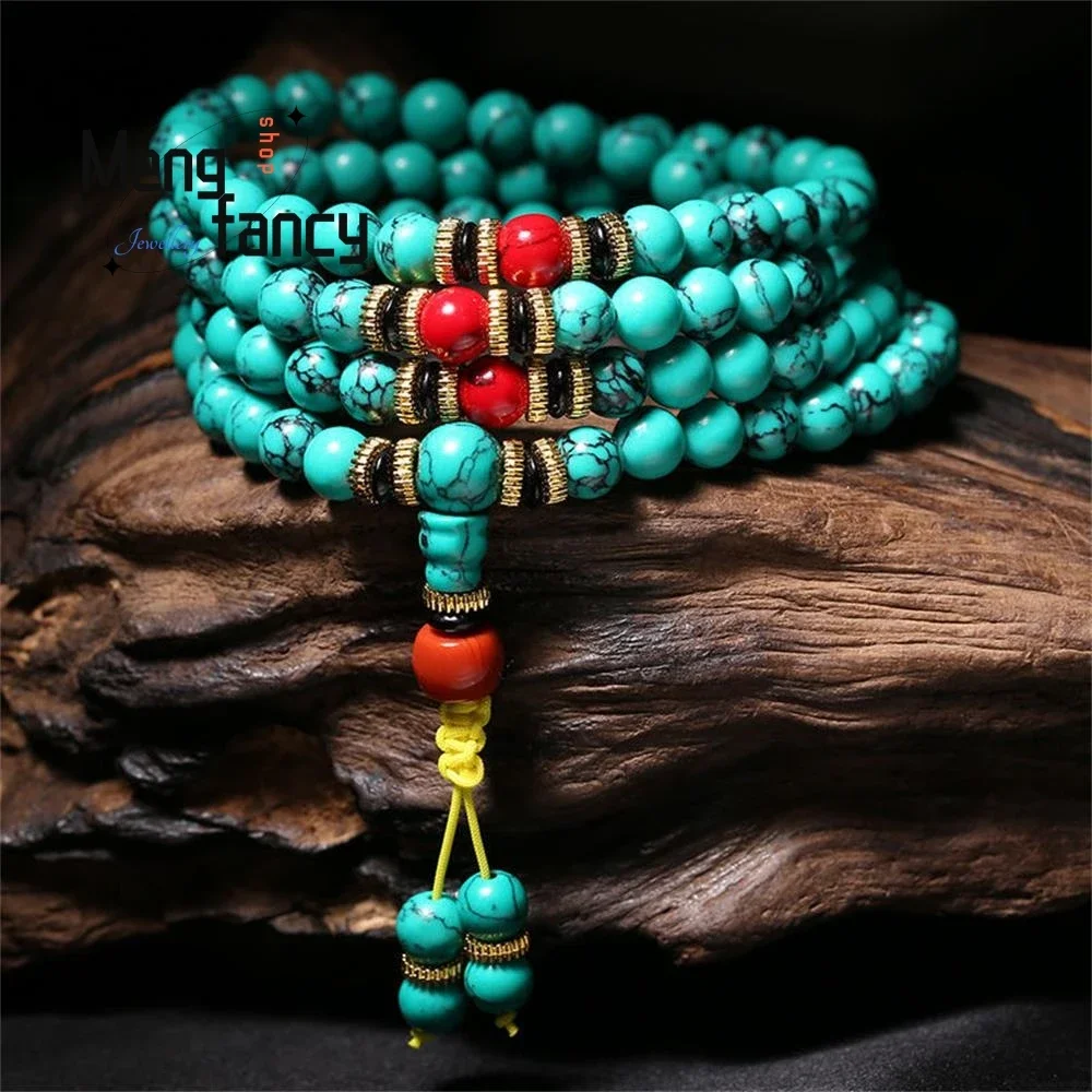 

Natural Turquoise 108 Pieces Buddha Bead Bracelet Jewelry Fine Women Men Charms Luxury Couple Bangle Holiday Gifts Sweater Chain