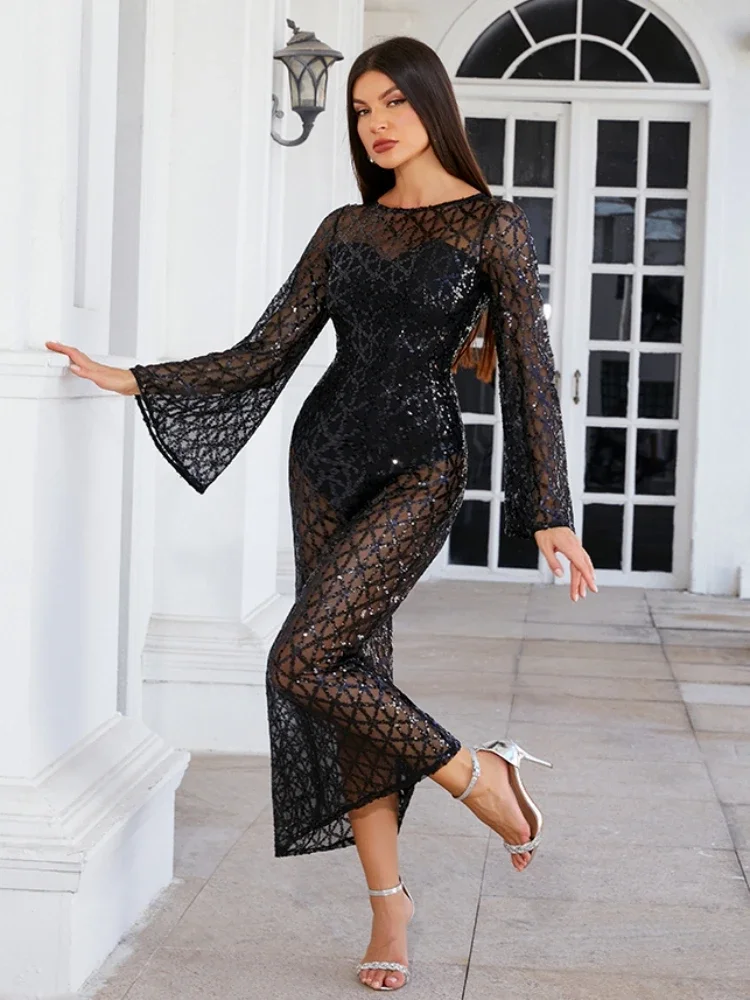 Sexy O Neck Lange Flare Ärmel Durchsichtig Mesh Patchwork Pailletten Maxi Kleid Frauen Schwarz Bodycon Promi Abend Party Kleid