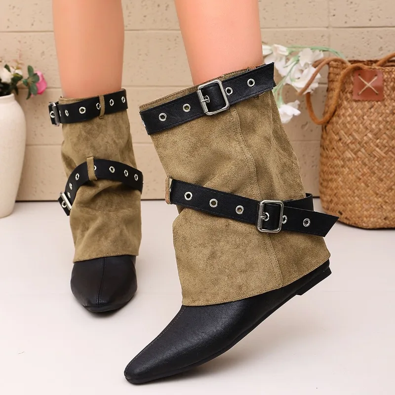 Women's 2026 New Retro Belt Buckle Trousers Boots Pointed Toe Stack Block Heel Shoes