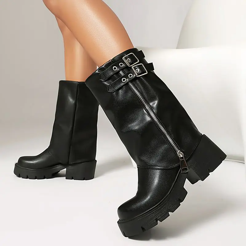 

ORCHA LISA/модные женские ботинки до середины икры в стиле панк с круглым носком, толстый каблук 6 см, платформа, молния, черные, большой размер 43, весна-осень, повседневные