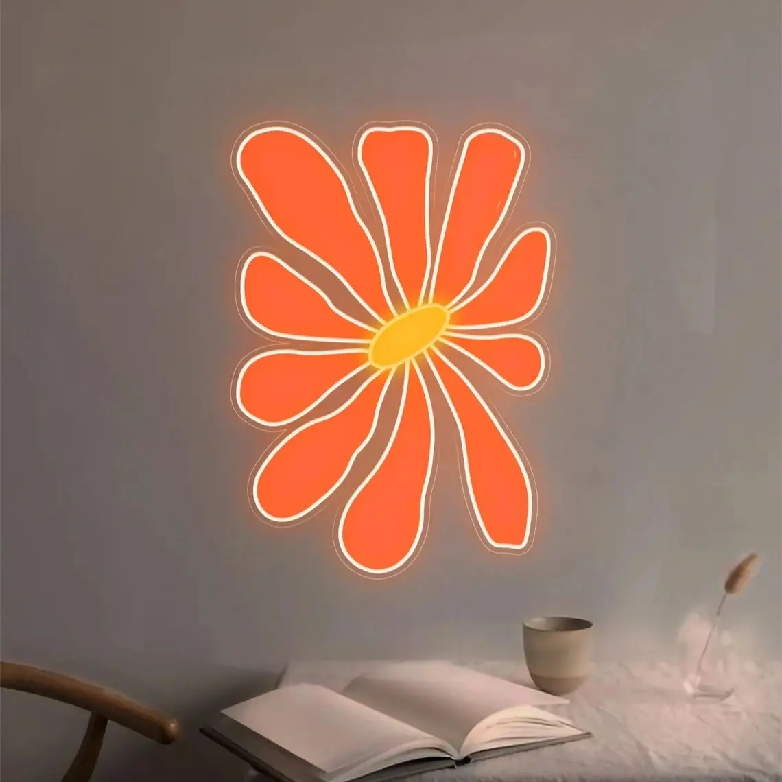 Orange Sunflower  Neon Sign with Print  LED Neon Sign with UV Print on Acrylic Backboard Orange & Yellow Mid Century Modern Wall