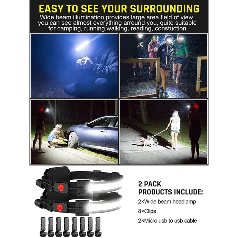 Rechargeable LED Headlights,230° Wide Beam Headlamp With Red Taillight,Running Lights,For Runners,Camping,Hiking,Etc