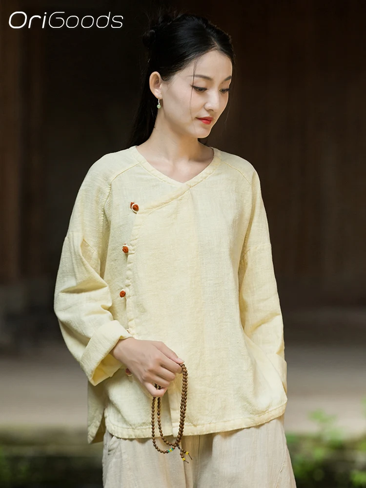 OriGoods Langarmbluse im chinesischen Stil, Kleidung, Ramie, Baumwolle, Leinen, Damenhemd, 2025, Herbst, neue Zen-Tops, lockere Passform, Hemden, B336
