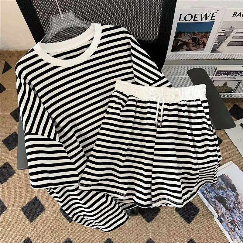 Home Wear Preppy Style Women Two Pieces Set Loose Blue Green Black Striped Top Elastic Waist Wide Leg Shorts Sport Sets Summer