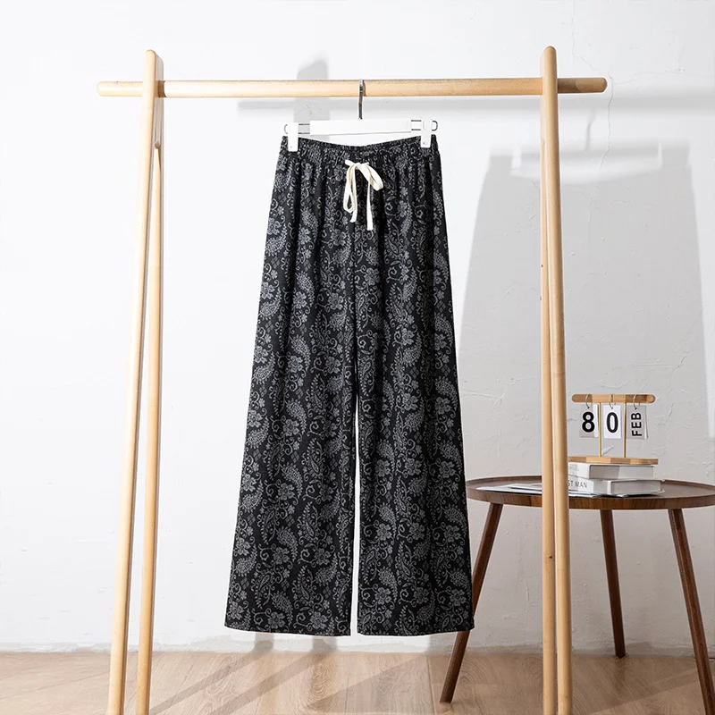 Women's Retro Printed Wide Leg Pants Autumn Winter New European Style Jacquard High Waist Slimming Loose Casual Long Pants