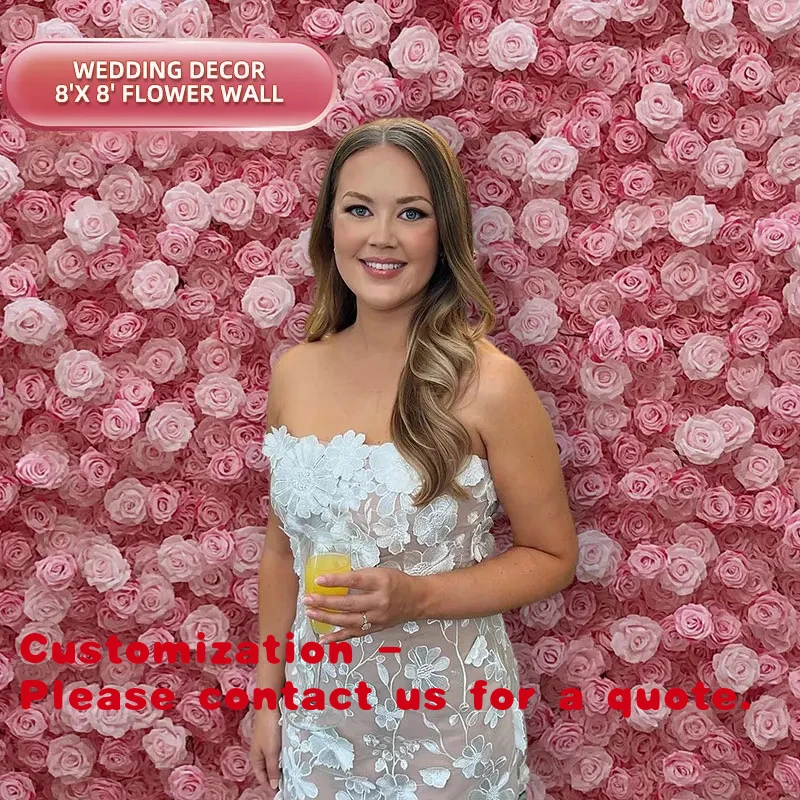 Customize.GNW 2026 New pink Rose Artificial Fabric Flower Roll up Flower Wall Backdrop 8ft X 8ft Wedding Background Flower D