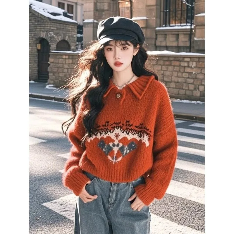 

Women Clothing Vintage Contrast Jacquard Soft Wool Pullovers Autumn Winter Fashion Commute Warm Elasticity Knit Sweaters