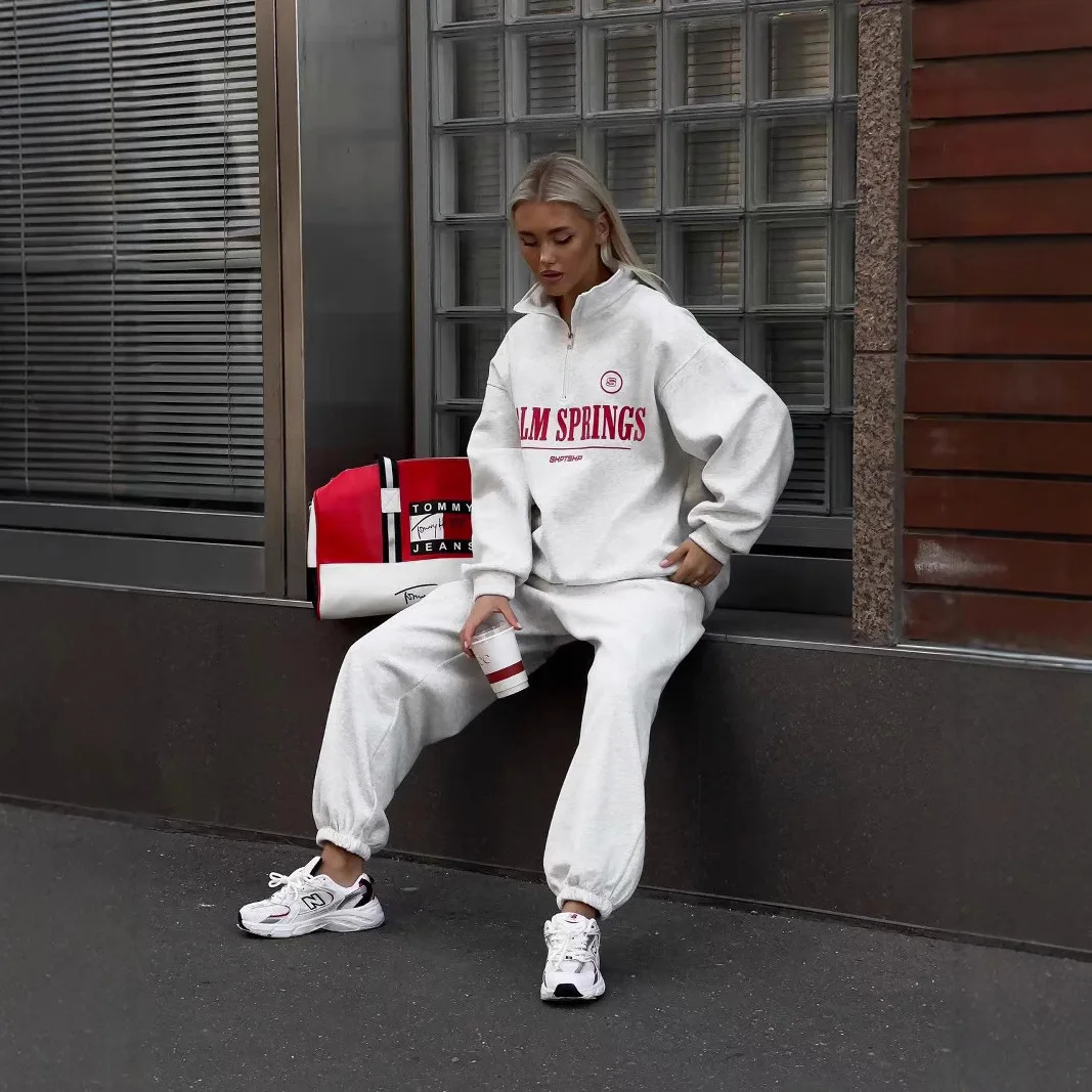 أزياء سستة سترة بأكمام طويلة المرأة الخريف جديد فضفاض عارضة إلكتروني الطباعة تصميم قطعتين مجموعة Kosıм Жénsky