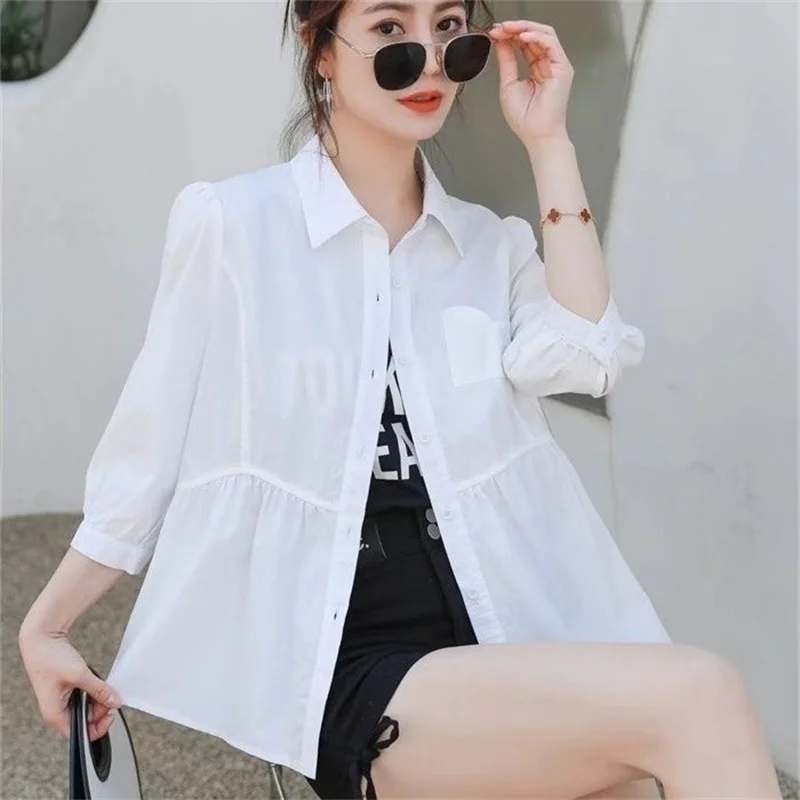 

2025 Fashion Women's Shirts Blouse Pure Cotton Shirt Spring Autumn New Seven Quarter Sleeves Outerwear Female Shirt Jacket Top
